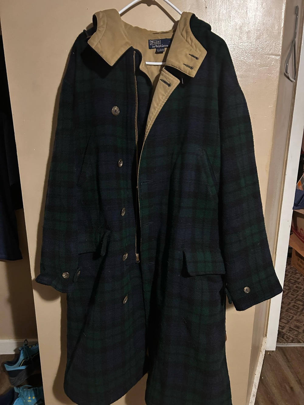 Polo by Ralph Lauren Blackwatch Plaid Hooded Trench Coat in Green & Black